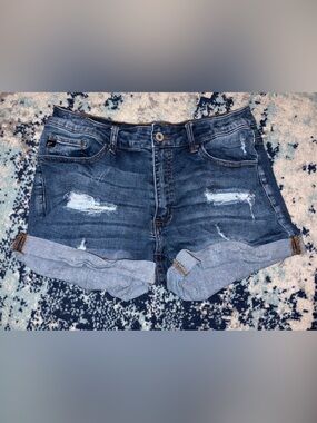 KanCan Dark Blue Distressed Rolled Hem Jean Shorts